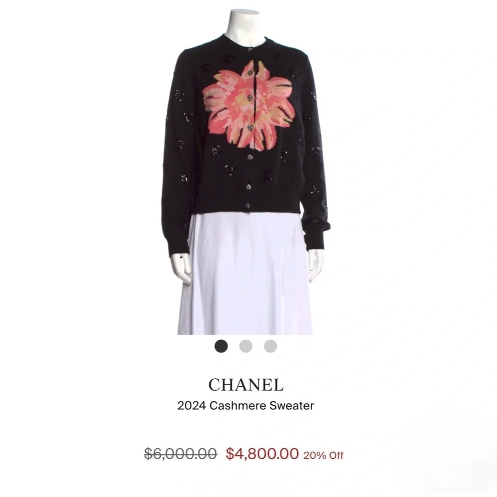 CHANEL Black Cardigan with Pink Floral Motif. 2024, 100% Cashmere, FR 36, US S